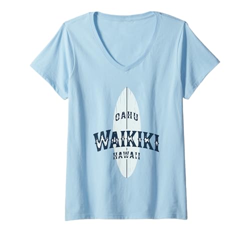 Damen Waikiki Oahu Hawaii Surfbrett Minimale Grafik T-Shirt mit V-Ausschnitt Damen Waikiki Oahu Hawaii Surfbrett Minimale Grafik T-Shirt mit V-Ausschnitt von Simple Distressed Surf Design from Oahu’s Waikiki