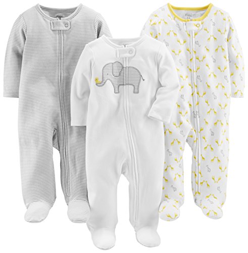 Simple Joys by Carter's Unisex Baby 3-Pack Neutral Sleep Play Infant-and-Toddler-Bodysuits, Hellgrau Ministreifen/Weiß Elefant/Giraffe, Frühchen (3er Pack) von Simple Joys by Carter's