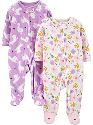 Simple Joys by Carter's Baby Mädchen Schlaf- und Spielanzug aus Fleece mit Füßen, 2er-Pack, Purpur Lama/Weiß Floral, 0 Monate von Simple Joys by Carter's