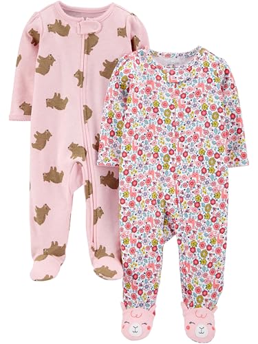 Simple Joys by Carter's Baby Mädchen Schlaf- und Spielanzug aus Fleece mit Füßen, 2er-Pack, Rosa Bär/Weiß Floral, 0-3 Monate von Simple Joys by Carter's