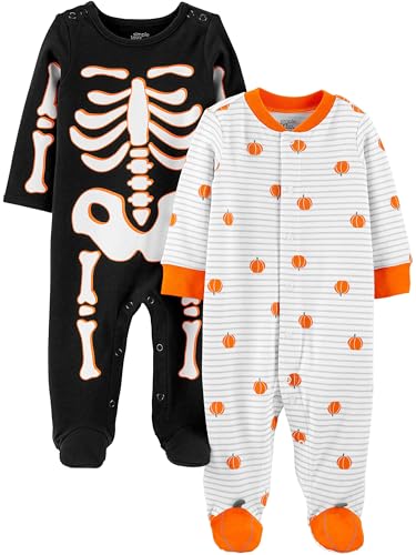 Simple Joys by Carter's Unisex Baby Halloween-Strampelanzug, Baumwolle, mit Druckknöpfen an Füßen, 2er-Pack, Halloween-kürbis/Skelett, Frühchen von Simple Joys by Carter's