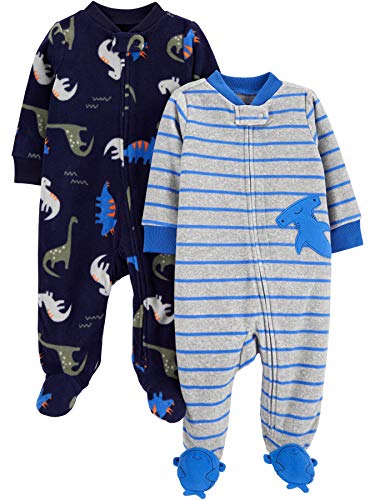 Simple Joys by Carter's Baby Jungen Schlaf- und Spielanzug aus Fleece mit Füßen, 2er-Pack, Blau Dinosaurier/Grau Streifen, 0 Monate von Simple Joys by Carter's