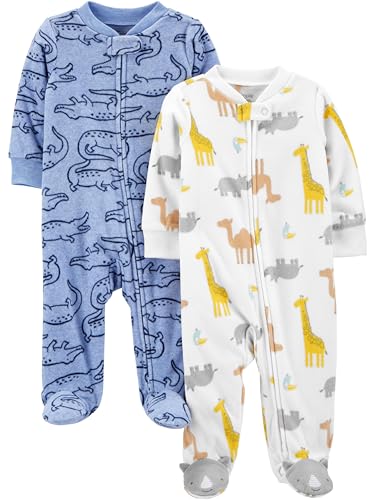 Simple Joys by Carter's Baby Jungen Schlaf- und Spielanzug aus Fleece mit Füßen, 2er-Pack, Blau Alligator/Weiß Giraffe, 3-6 Monate von Simple Joys by Carter's