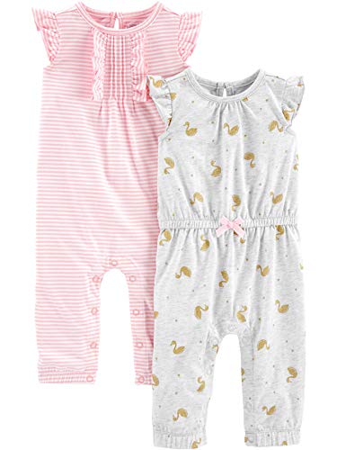 Simple Joys by Carter's Baby Mädchen 2-Pack Fashion Jumpsuits Overall, Grau Schwäne/Rosa Streifen, 18 Monate (2er Pack) von Simple Joys by Carter's