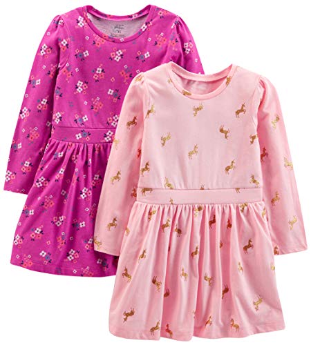 Simple Joys by Carter's Mädchen 2-Pack Long-Sleeve Dress Set Freizeitkleid, Dunkelrosa Floral/Gehaucht Rosa Einhorn, 2 Jahre (2er Pack) von Simple Joys by Carter's