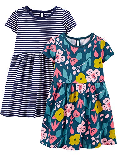 Simple Joys by Carter's Baby Mädchen Short-Sleeve and Sleeveless Dress Sets, Pack of 2 Lässiges Kleid, Marineblau Blumenaufdruck/Weiß Streifen, 12 Monate (2er Pack) von Simple Joys by Carter's