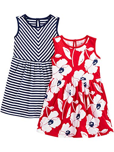 Simple Joys by Carter's Baby Mädchen Short-Sleeve and Sleeveless Dress Sets, Pack of 2 Freizeitkleid, Marineblau Streifen/Rot Mohnblumenaufdruck, 12 Monate (2er Pack) von Simple Joys by Carter's