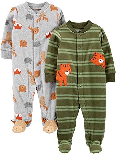 Simple Joys by Carter's Baby Jungen Schlaf- und Spielanzug aus Fleece mit Füßen, 2er-Pack, Grau Waldtiere/Olivgrün Tiger, Frühchen von Simple Joys by Carter's