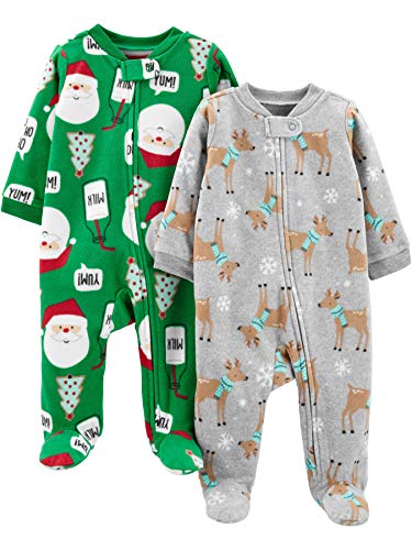 Simple Joys by Carter's Unisex Baby Schlaf- und Spielanzug für Die Festtage aus Fleece mit Füßen, 2er-Pack, Grau Meliert Rentier/Grün Weihnachtsmann, 0 Monate von Simple Joys by Carter's