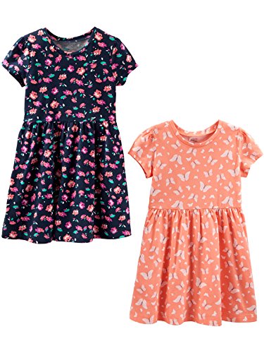 Simple Joys by Carter's Baby Mädchen Short-Sleeve and Sleeveless Dress Sets, Pack of 2 Freizeitkleid, Marineblau Floral/Pfirsich Schmetterlingmuster, 4 Jahre (2er Pack) von Simple Joys by Carter's