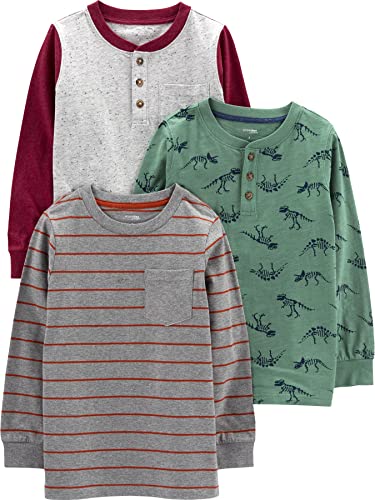 Simple Joys by Carter's Jungen Long-Sleeve Shirts, Pack of 3 Hemd, Dunkelgrau Streifen/Fichtengrün Dinosaurier/Grau Punkte, 3 Jahre (3er Pack) von Simple Joys by Carter's