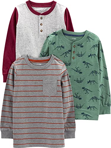 Simple Joys by Carter's Jungen Long-Sleeve Shirts, Pack of 3 Hemd, Dunkelgrau Streifen/Fichtengrün Dinosaurier/Grau Punkte, 4 Jahre (3er Pack) von Simple Joys by Carter's