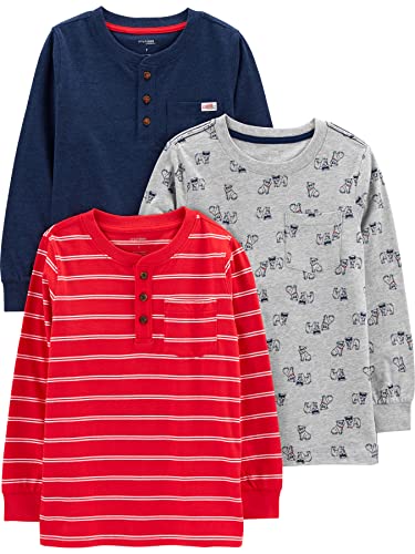 Simple Joys by Carter's Jungen Long-Sleeve Shirts, Pack of 3 Hemd, Grau Hunde/Marineblau/Rot Doppelstreifen, 5-6 Jahre (3er Pack) von Simple Joys by Carter's