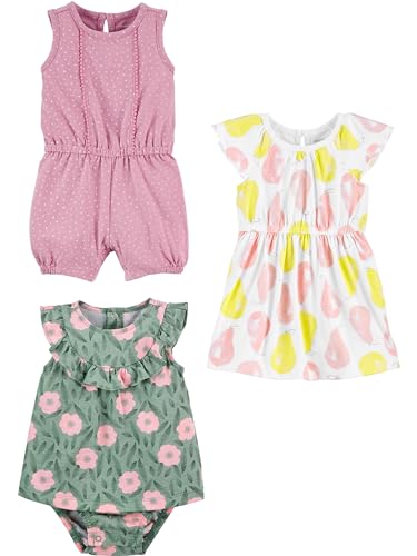 Simple Joys by Carter's Baby Mädchen 3-Pack Romper, Sunsuit and Dress Strampler, Birnen/Blumen/Punkte, 0 Monate (3er Pack) von Simple Joys by Carter's