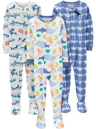Simple Joys by Carter's Baby Jungen 3-Pack Snug Fit Footed Cotton Pajamas Pyjama-Set, Batik/Haifisch/Meereswelt, 6-9 Monate (3er Pack) von Simple Joys by Carter's