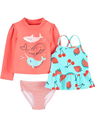 Simple Joys by Carter's Baby-Mädchen 3-Piece Assorted Rashguard Set, Orange Meereswelt/Rot Früchte/Streifen, 5 Jahre von Simple Joys by Carter's