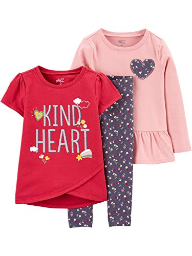 Simple Joys by Carter's Baby Mädchen 3-Piece Assorted Playwear Spielbekleidungs-Set, Dunkelgrau Floral/Rosa Herzen/Rot Textaufdruck, 3 Jahre von Simple Joys by Carter's