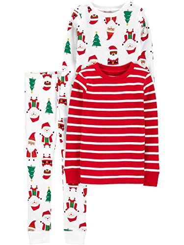Simple Joys by Carter's Unisex Kinder 3-Piece Snug-Fit Cotton Christmas Pajama Pyjama-Set, Rot Streifen/Weiß Weihnachtsmuster, 12 Monate (3er Pack) von Simple Joys by Carter's