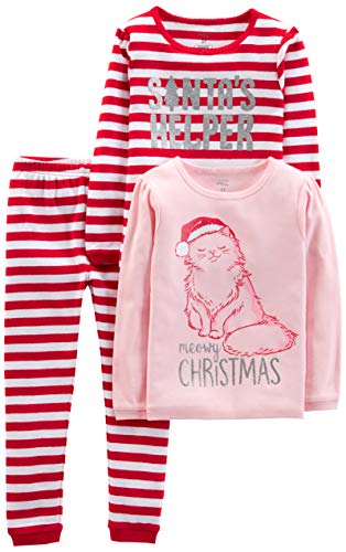 Simple Joys by Carter's Unisex Kinder 3-Piece Snug-Fit Cotton Christmas Pajama Pyjama-Set, Rosa Katze/Rot Streifen, 4 Jahre (3er Pack) von Simple Joys by Carter's