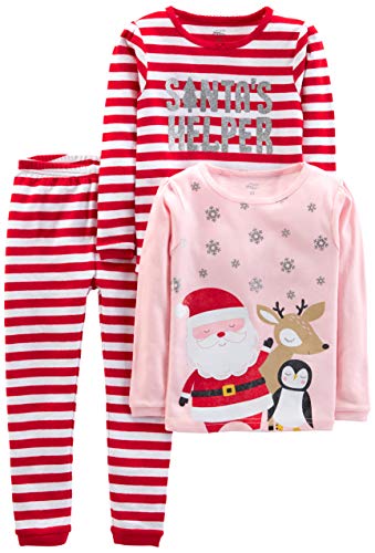 Simple Joys by Carter's Unisex Kinder 3-Piece Snug-Fit Cotton Christmas Pajama Pyjama-Set, Rosa Weihnachtsmann/Rot Streifen, 6-9 Monate (3er Pack) von Simple Joys by Carter's
