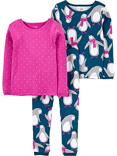 Simple Joys by Carter's Mädchen 3-Piece Snug-fit Cotton Christmas Pajama Pyjama-Set, Marineblau Pinguin/Rosa Punkte, 2 Jahre (3er Pack) von Simple Joys by Carter's