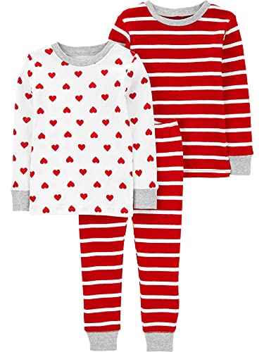 Simple Joys by Carter's Unisex Kinder 3-Piece Snug-fit Cotton Pajama Pyjama-Set, Rot Streifen/Weiß Herzen, 12 Monate (3er Pack) von Simple Joys by Carter's