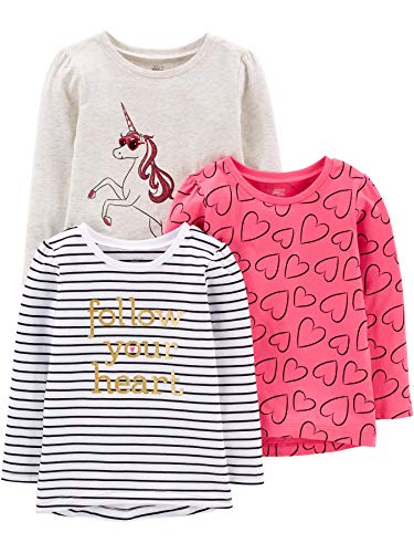 Simple Joys by Carter's Mädchen 3-Pack Graphic Long-Sleeve Tees Fashion-t-Shirts, Einhorn/Herzen/Streifen, 2 Jahre (3er Pack) von Simple Joys by Carter's