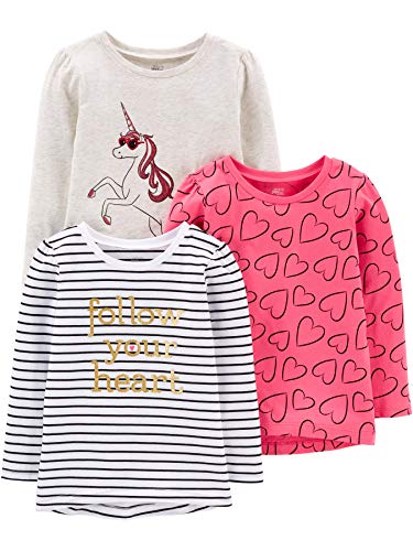 Simple Joys by Carter's Mädchen 3-Pack Graphic Long-Sleeve Tees Fashion-t-Shirts, Einhorn/Herzen/Streifen, 4 Jahre (3er Pack) von Simple Joys by Carter's