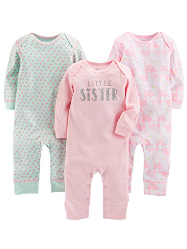 Simple Joys by Carter's Baby-Mädchen 3-Pack Jumpsuits Infant-and-Toddler-Rompers, Minzgrün Früchte/Rosa/Weiß Dinosaurier, 6-9 Monate (3er Pack) von Simple Joys by Carter's