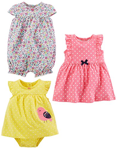 Simple Joys by Carter's Baby Mädchen 3-Pack Romper, Sunsuit Dress Infant-and-Toddler-Rompers, Gelb Vogel/Rosa Punkte/Weiß Floral, 6-9 Monate (3er Pack) von Simple Joys by Carter's