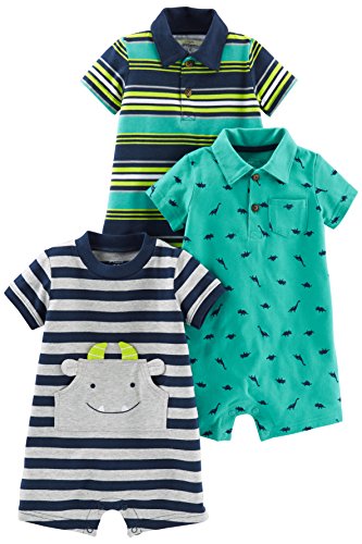 Simple Joys by Carter's Baby Jungen 3-Pack Infant-and-Toddler-Rompers, Gelb Streifen/Grün Dinosaurier/Marineblau Streifen, 3-6 Monate (3er Pack) von Simple Joys by Carter's