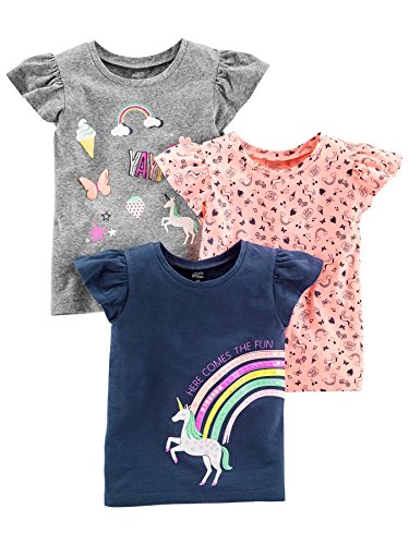 Simple Joys by Carter's Baby Mädchen Short-Sleeve and Tops, Pack of 3 Fashion-t-Shirts, Grau Regenbogen/Hellorange Muster Mix/Marineblau Einhorn, 3 Jahre (3er Pack) von Simple Joys by Carter's