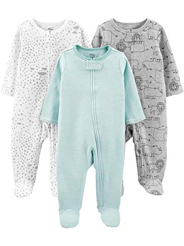 Simple Joys by Carter's Unisex Baby 3-Pack Neutral Sleep and Play Kleinkindschläfer, Grau Löwe/Grün Streifen/Weiß Sterne, Frühchen (3er Pack) von Simple Joys by Carter's