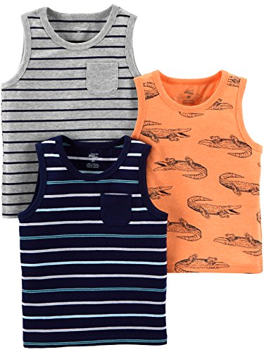 Simple Joys by Carter's Jungen Multi-Pack Muscle Tank Tops Fashion-t-Shirts, Grau Streifen/Hellorange Alligator/Marineblau Doppelstreifen, 4 Jahre (3er von Simple Joys by Carter's