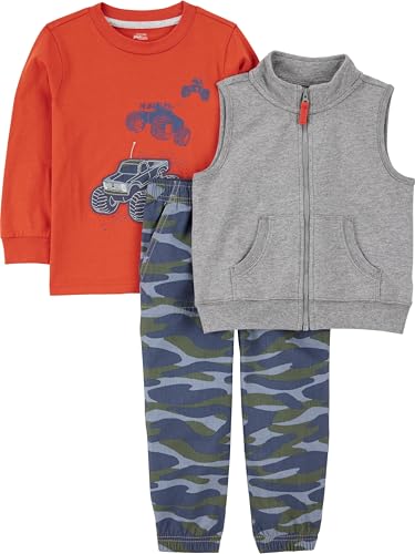 Simple Joys by Carter's Baby-Jungen 3-Piece Fleece Vest, Long-Sleeve Shirt, and Woven Pant Playwear Hosen-Set, Grau Meliert/Marineblau Tarnmuster/Orange Lkws, 18 Monate von Simple Joys by Carter's