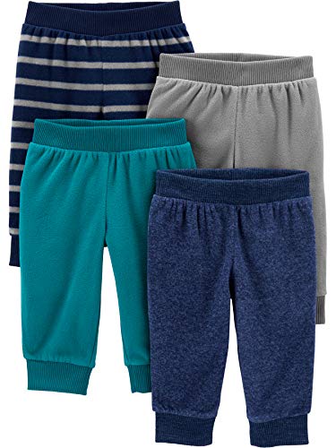 Simple Joys by Carter's Unisex Baby 4-Pack Fleece Pants Hose, Blau Heide/Blaugrün/Grau/Marineblau Streifen, Frühchen (4er Pack) von Simple Joys by Carter's