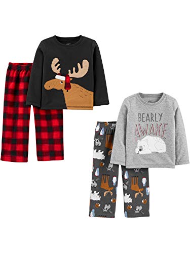 Simple Joys by Carter's Baby-Jungen 4-Piece Pajama Set (Cotton Top & Fleece Bottom) Pyjamaset, Dunkelgrau Waldtiere/Grau Eisbär/Schwarz Rentier/Büffelkaros, 12 Monate von Simple Joys by Carter's