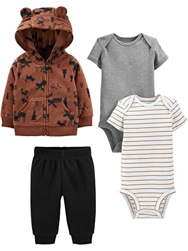 Simple Joys by Carter's Baby Jungen 4-Piece Jacket, Pant, and Bodysuit Layette-Set, Braun Rentier/Grau Meliert/Schwarz/Weiß Streifen, 12 Monate von Simple Joys by Carter's