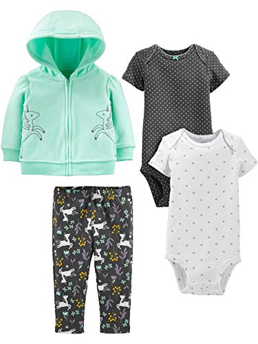 Simple Joys by Carter's Baby-Mädchen 4-Piece Jacket, Pant, and Bodysuit Layette-Set, Minzgrün Einhorn/Schwarz Punkte/Weiß Schneeflocke/Floral, 12 Monate von Simple Joys by Carter's