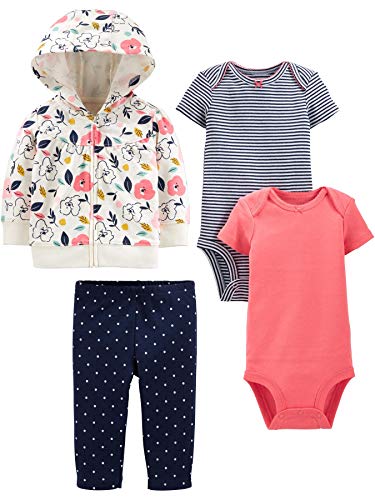 Simple Joys by Carter's Baby-Mädchen 4-Piece Jacket, Pant, and Bodysuit Layette-Set, Ecru Floral/Korallenrosa/Marineblau Punkte/Streifen, 12 Monate von Simple Joys by Carter's