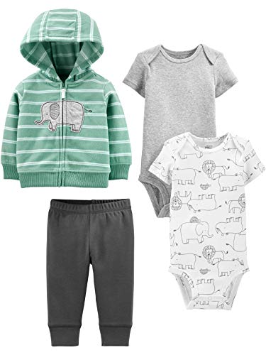 Simple Joys by Carter's Baby Jungen 4-Piece Jacket, Pant, and Bodysuit Layette-Set, Dunkelgrau/Grau/Minzgrün Elefant/Weiß Waldtiere, 3-6 Monate von Simple Joys by Carter's