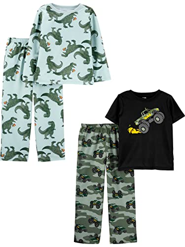 Simple Joys by Carter's Jungen 4-Piece Poly Pajamas Pyjama-Set, Aquablau Dinosaurier/Grün Tarnmuster/Schwarz Lkws, 4-5 Jahre (2er Pack) von Simple Joys by Carter's