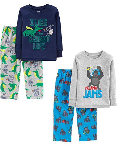Simple Joys by Carter's Jungen 4-Piece Pajama Set (Cotton Top & Fleece Bottom) Pyjamaset, Blau Gorilla/Grau Drache/Marineblau Textaufdruck, 2 Jahre von Simple Joys by Carter's