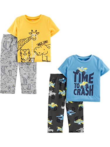 Simple Joys by Carter's Jungen 4-Piece Pajama Set (Short Sleeve Poly Top & Fleece Bottom) Pyjamaset, Monster Trucks/Textaufdruck/Waldtiere, 2 Jahre von Simple Joys by Carter's