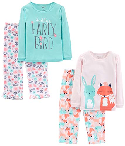 Simple Joys by Carter's Bambine e Ragazze 4-Piece Pajama Set (Cotton Top & Fleece Bottom) Pyjamaset, Blau Textaufdruck/Hellrosa Floral/Rosa Waldtiere, 5 Jahre von Simple Joys by Carter's