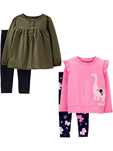 Simple Joys by Carter's Baby-Mädchen 4-Piece Long-Sleeve Shirts and Pants Playwear Set Hosenset, Marineblau Floral/Olivgrün/Rosa Dinosaurier/Schwarz, 18 Monate von Simple Joys by Carter's