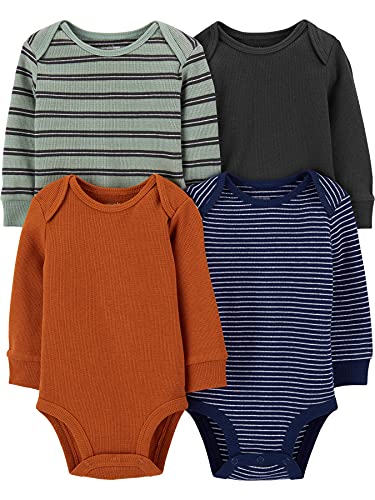 Simple Joys by Carter's Unisex Baby Long-Sleeve Thermal Bodysuits, Pack of 4 Body, Grün Streifen/Marineblau/Rostfarben/Schwarz, 0 Monate (4er Pack) von Simple Joys by Carter's