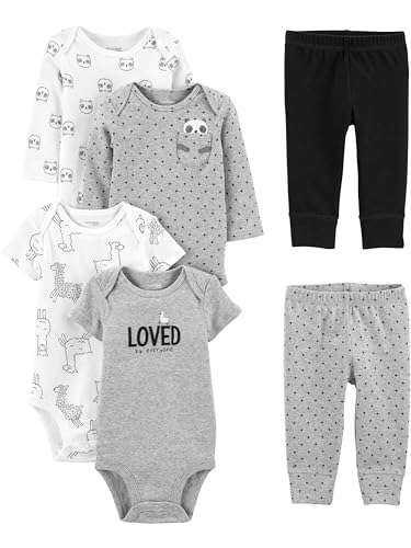 Simple Joys by Carter's Unisex Baby 6-teiliges Set, Bodys (Kurz- und Langarm) und Hosen, Grau Textaufdruck/Schwarz/Weiß Lama/Panda, 18 Monate von Simple Joys by Carter's