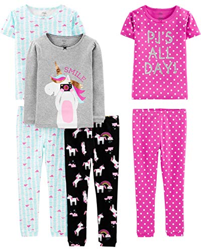 Simple Joys by Carter's Mädchen 6-Piece Snug Fit Cotton Pajama Set Pyjamaset, Blau Schildkröte/Grau Meliert/Rosa Tupfen/Schwarz Einhorn, 8 Jahre (3er Pack) von Simple Joys by Carter's