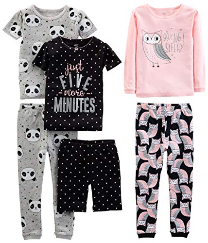 Simple Joys by Carter's Mädchen 6-Piece Snug Fit Cotton Pajama Pyjama-Set, Grau Panda/Rosa Eule/Schwarz Punkte, 12 Monate (3er Pack) von Simple Joys by Carter's